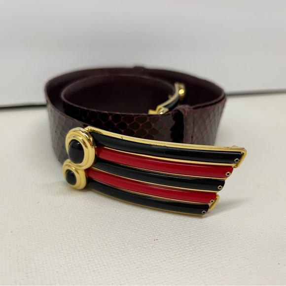 Judith Leiber Burgundy Snake/Leather Belt w/Gold Buckle and Black/Red accent - Picture 11 of 15